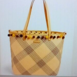 Vera Bradley wicker woven tan black tote with poms